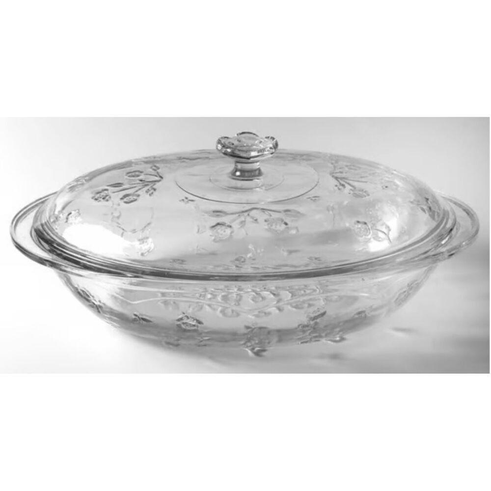 Vintage Anchor Hocking Savannah pattern Glass Casserole & Lid Flowers 13" x 8"